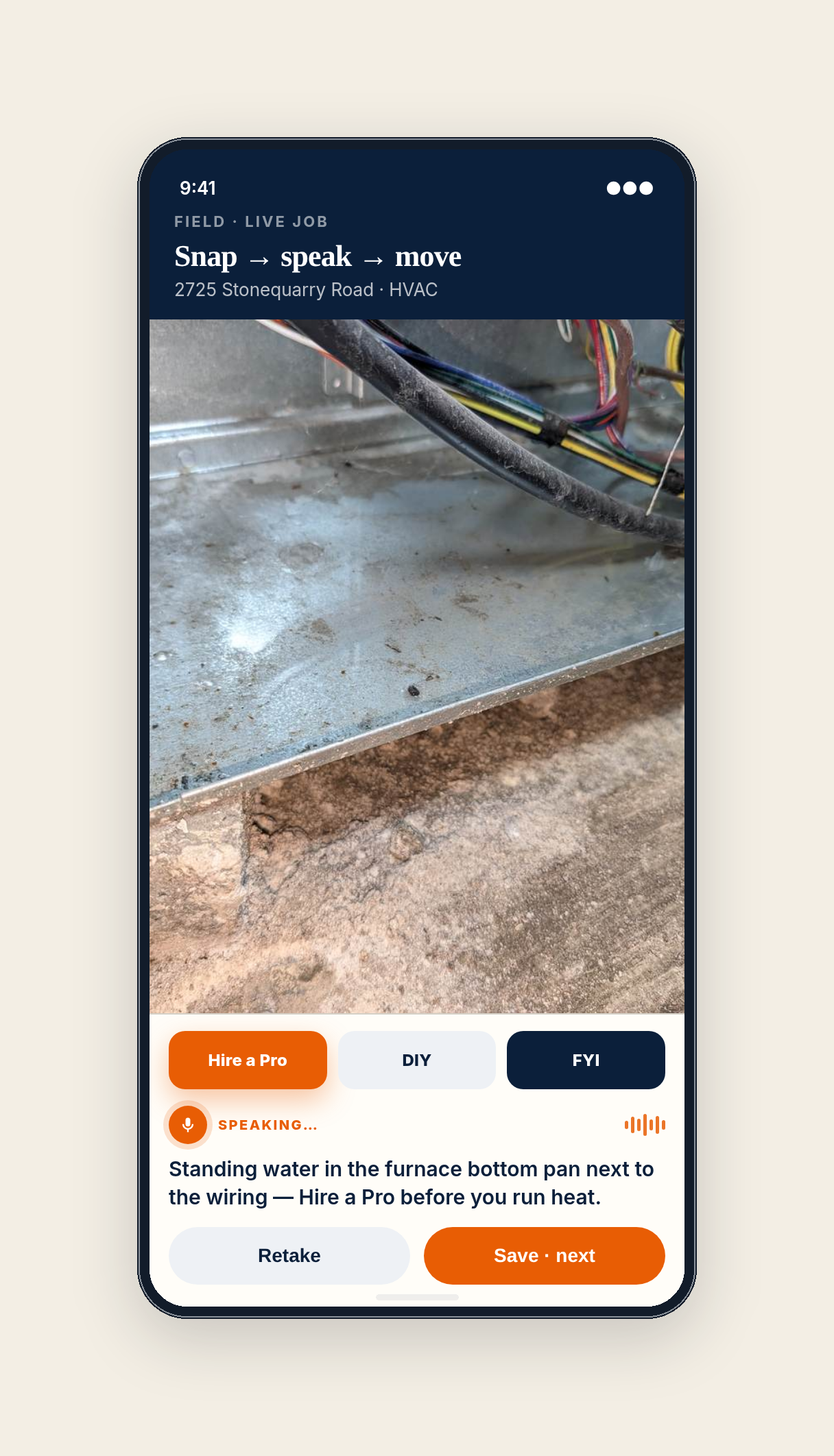 WALKED Field phone — caption-first capture with Hire a Pro stamp