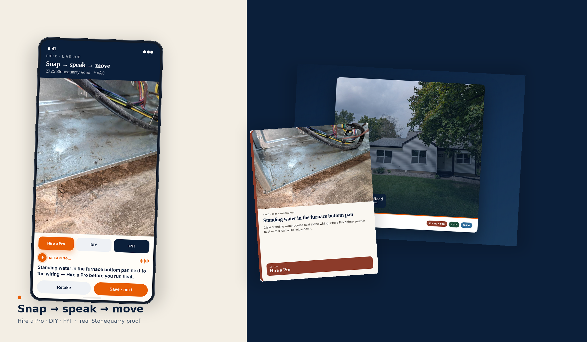 WALKED Field phone capture with stamped Hire a Pro finding and buyer-action report cover