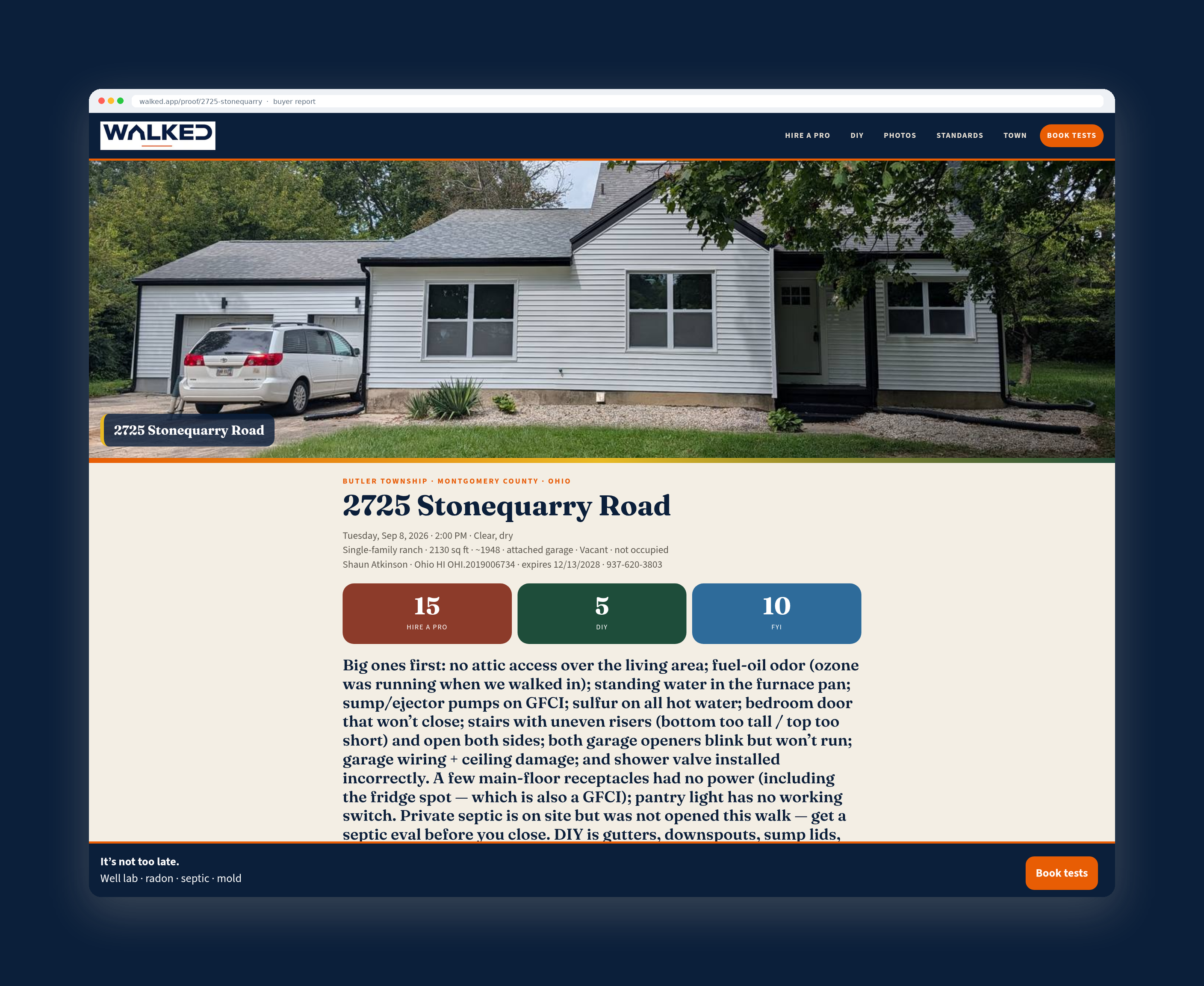 Buyer-action report in browser chrome — Hire a Pro · DIY · FYI routing
