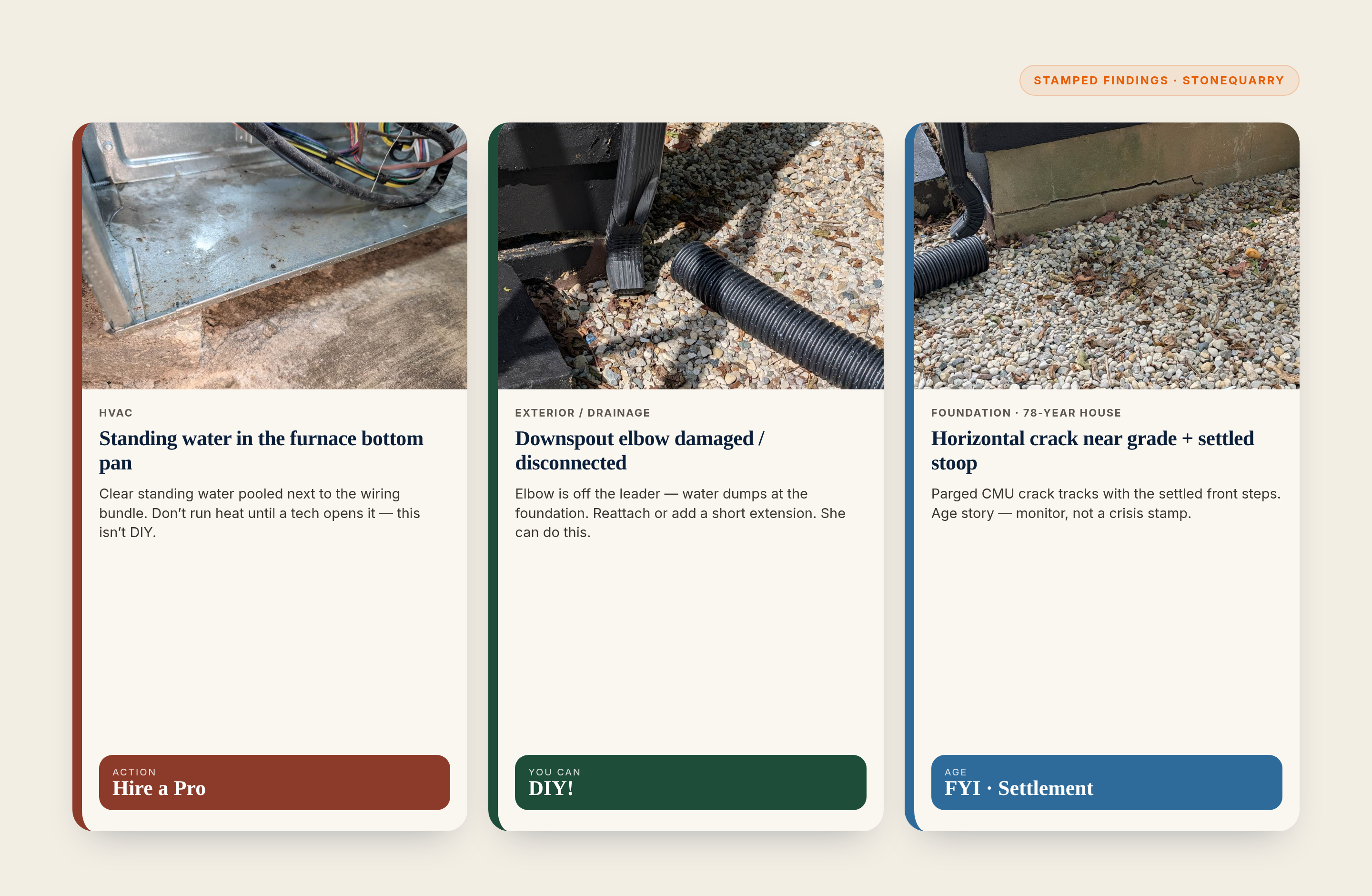 Three stamped findings — Hire a Pro, DIY, and FYI